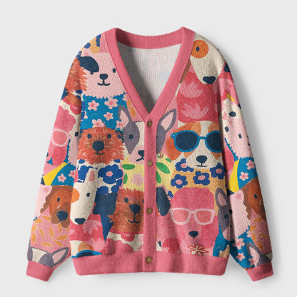 Purplehecate Happy Dog Faces Ugly Cardigan Sweaters