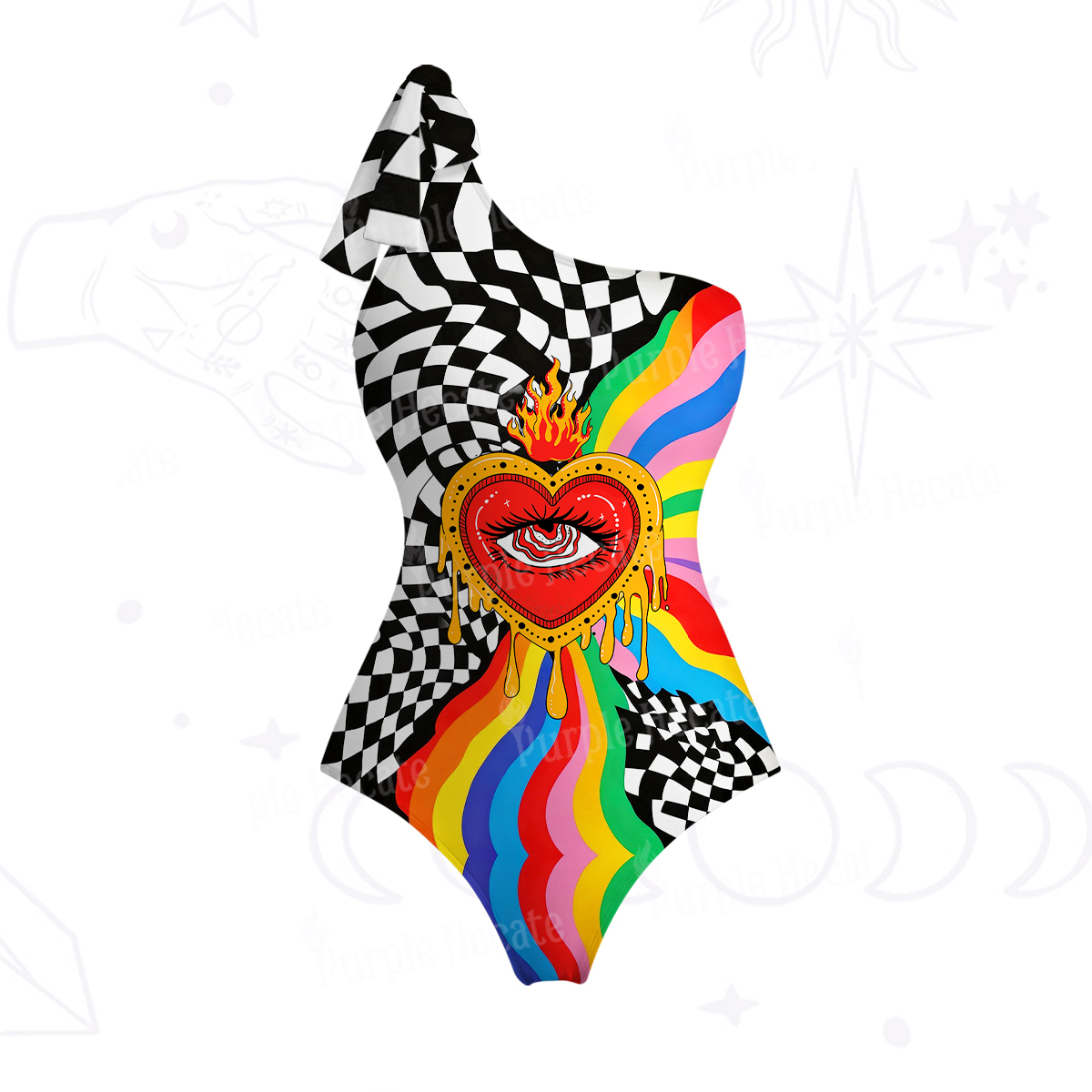 Purplehecate Trippy Rainbow Heart Eye One-Shoulder One-Piece Swimsuit