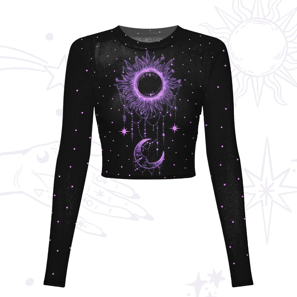 Purplehecate Radiance Of Sun And Moon Mesh Long Sleeve Crop Top