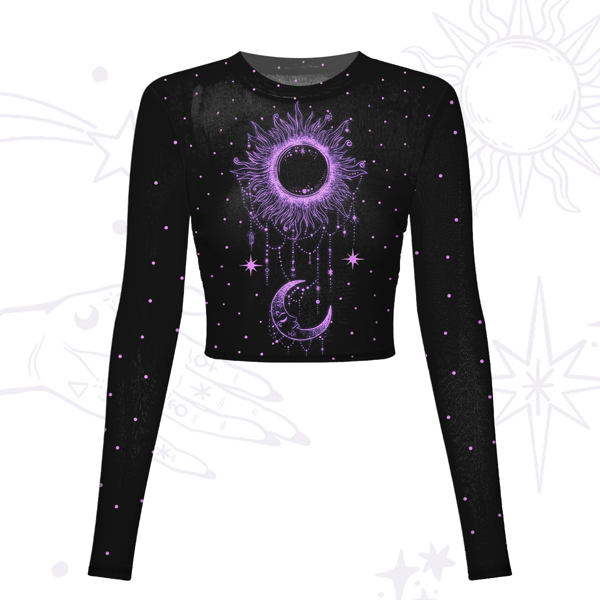 Purplehecate Radiance Of Sun And Moon Mesh Long Sleeve Crop Top