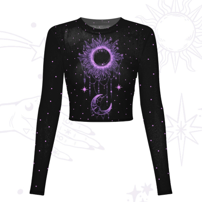 Purplehecate Radiance Of Sun And Moon Mesh Long Sleeve Crop Top