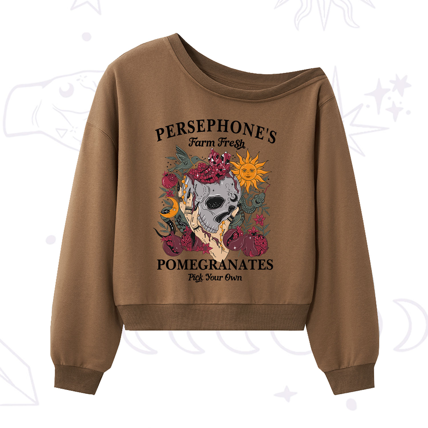 Purplehecate Persephone's Farm Fresh Pomegranates Pick Your Own One Shoulder Sweatshirt