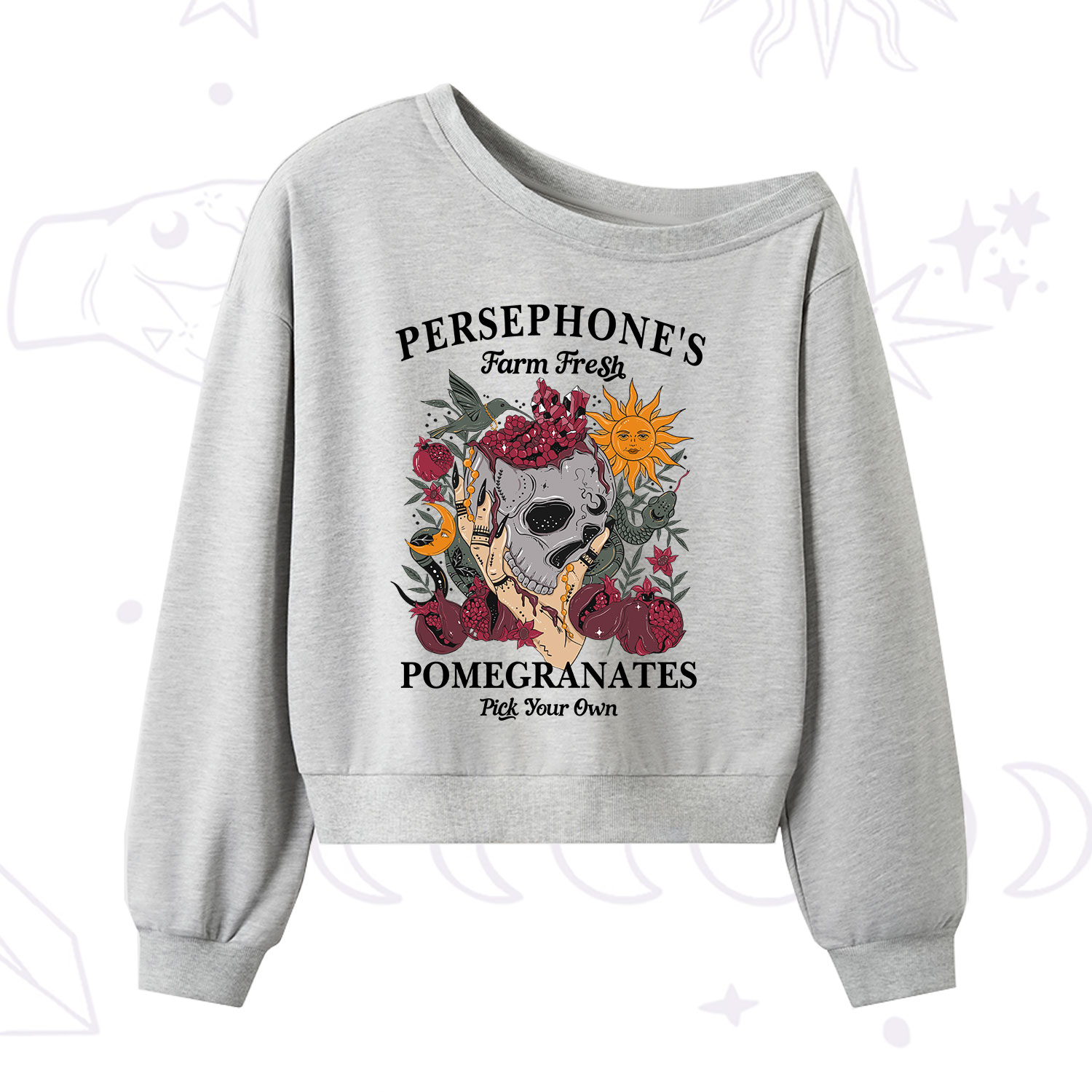 Purplehecate Persephone's Farm Fresh Pomegranates Pick Your Own One Shoulder Sweatshirt