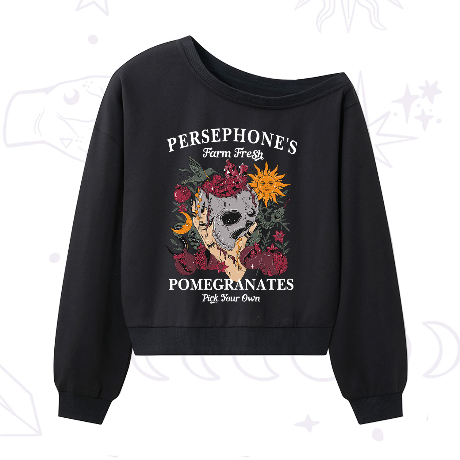 Purplehecate Persephone's Farm Fresh Pomegranates Pick Your Own One Shoulder Sweatshirt