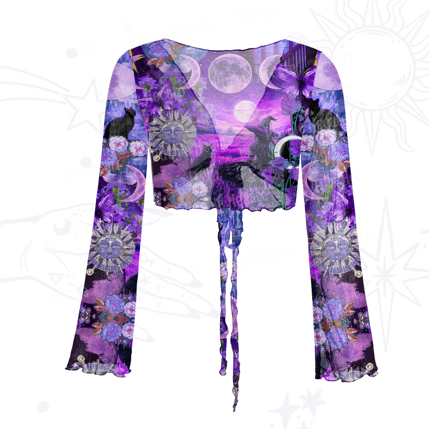Purplehecate Witchy Black Cat Moon Mesh Tie Front Top