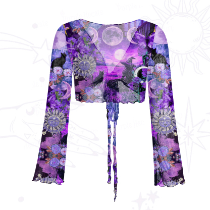 Purplehecate Witchy Black Cat Moon Mesh Tie Front Top