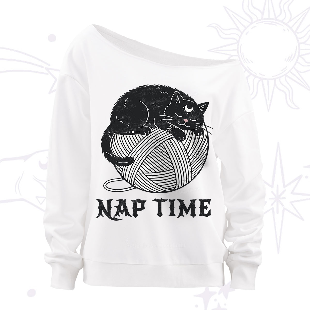 Purplehecate Nap Time Cat Off The Shoulder Sweatshirt