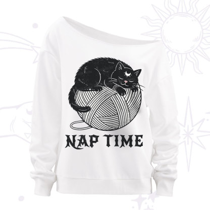 Purplehecate Nap Time Cat Off The Shoulder Sweatshirt