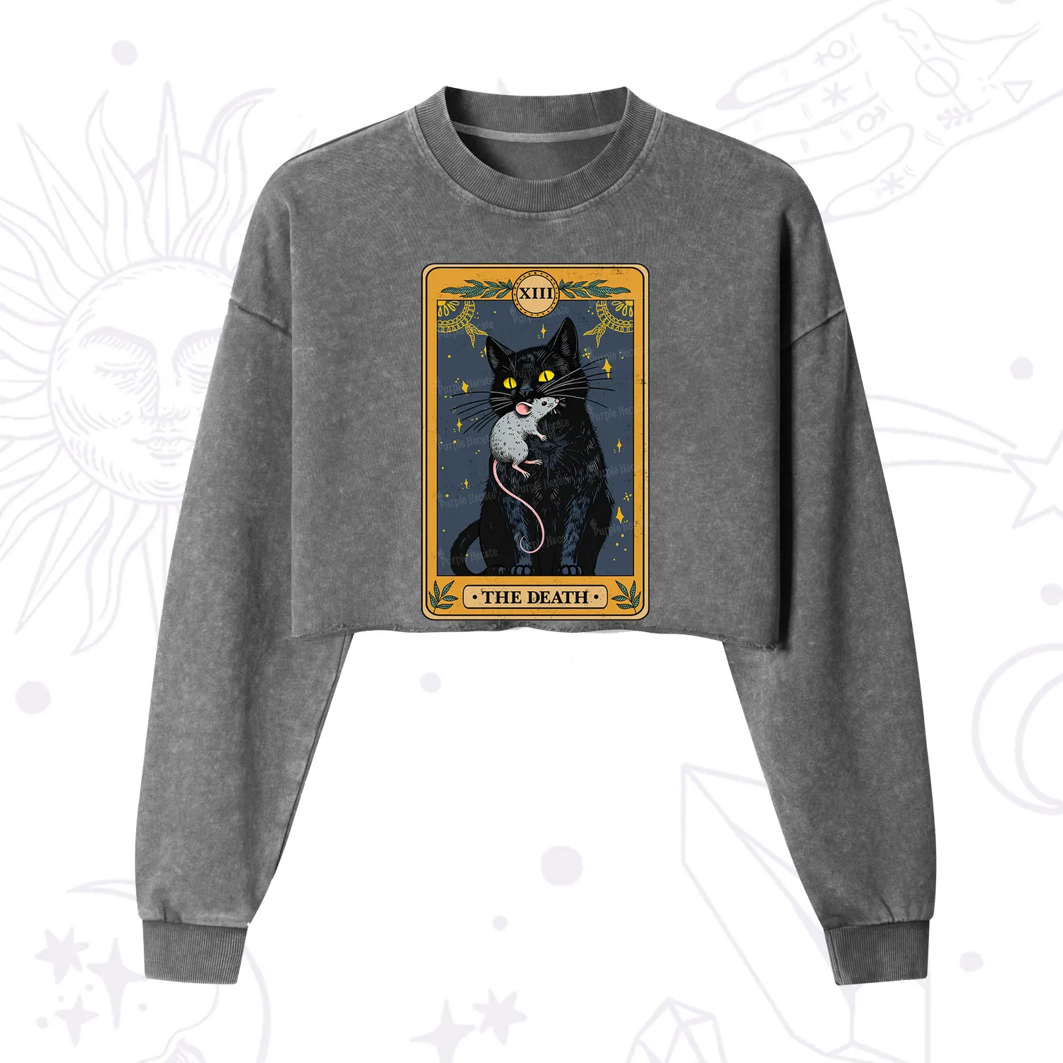 Purplehecate The Death Tarot Cat Cropped Washed Sweatshirt