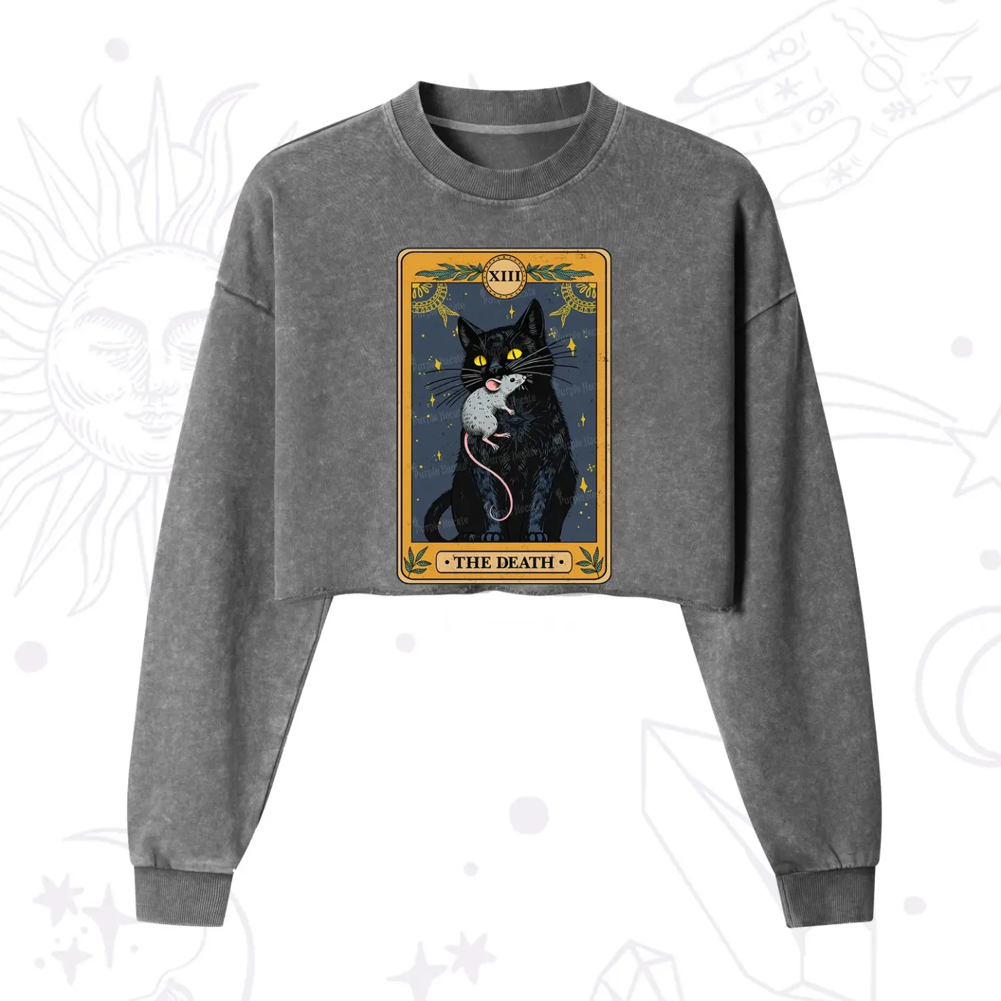 Purplehecate The Death Tarot Cat Cropped Washed Sweatshirt