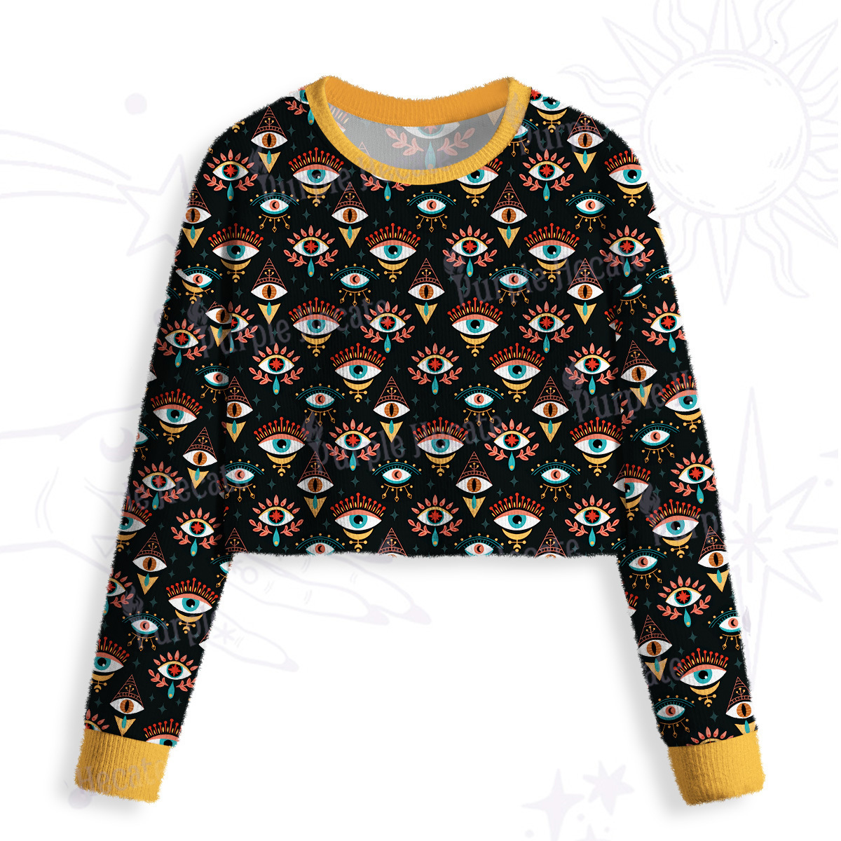 Purplehecate Evil Eye Pattern Crop Fuzzy Ugly Sweatshirt