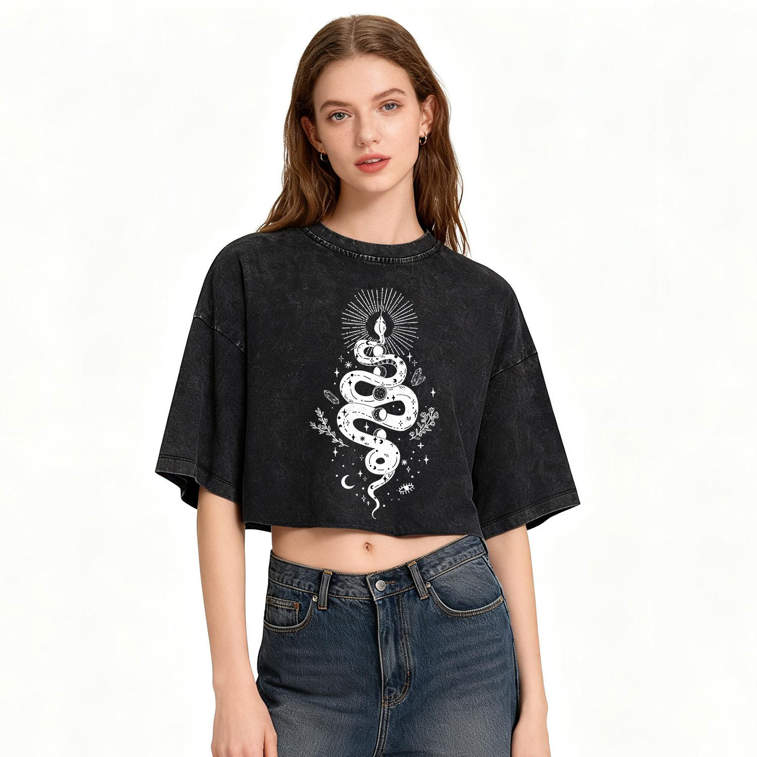 Purplehecate Mystical Moon Phases Snake Washed Cropped T-Shirt