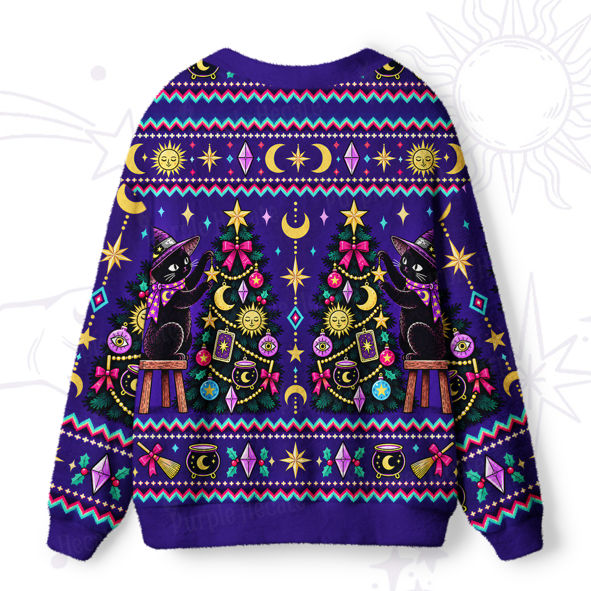 Purplehecate Black Cat Decorating the Christmas Tree Ugly Cardigan Sweaters