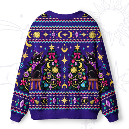 Purplehecate Black Cat Decorating the Christmas Tree Ugly Cardigan Sweaters