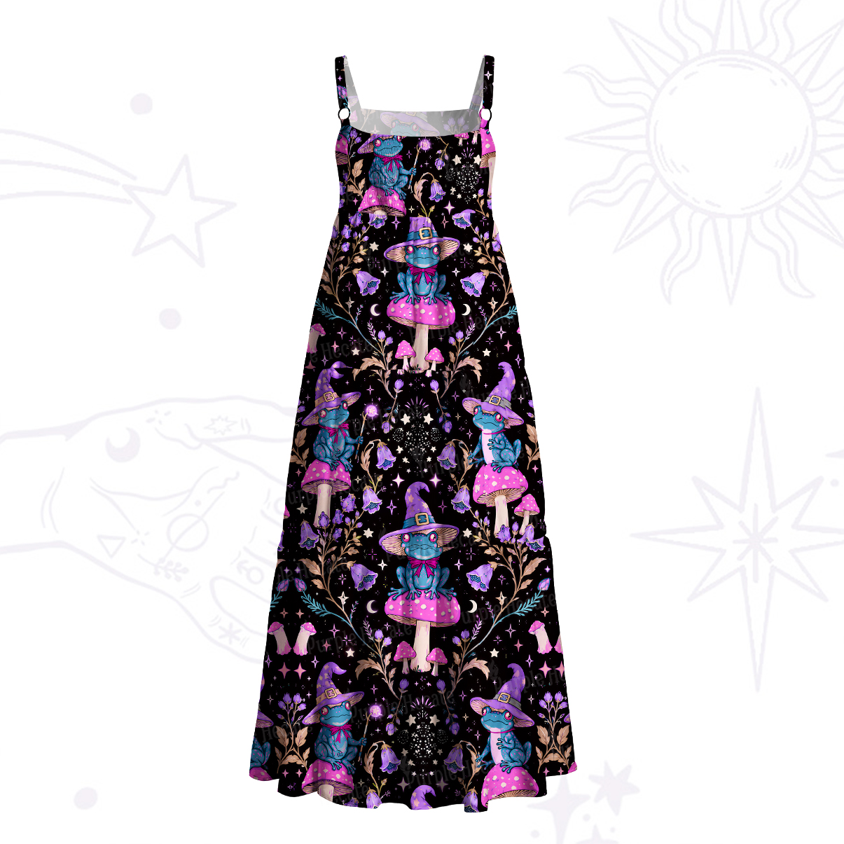 Purplehecate Psychedelic Frog & Magic Mushroom Wide Straps Maxi Dress