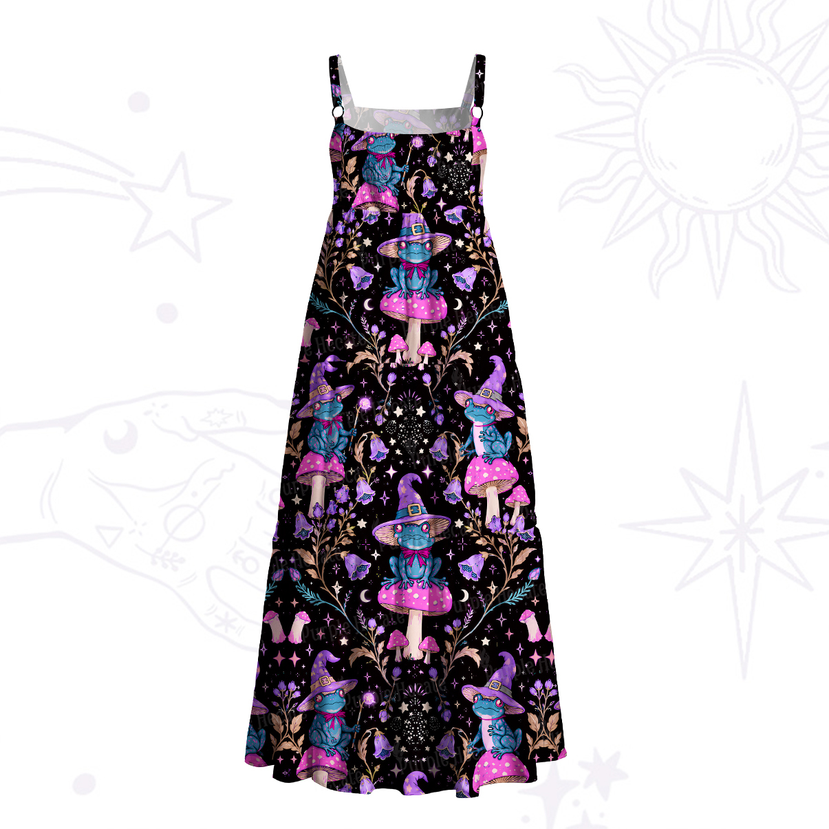 Purplehecate Psychedelic Frog & Magic Mushroom Wide Straps Maxi Dress