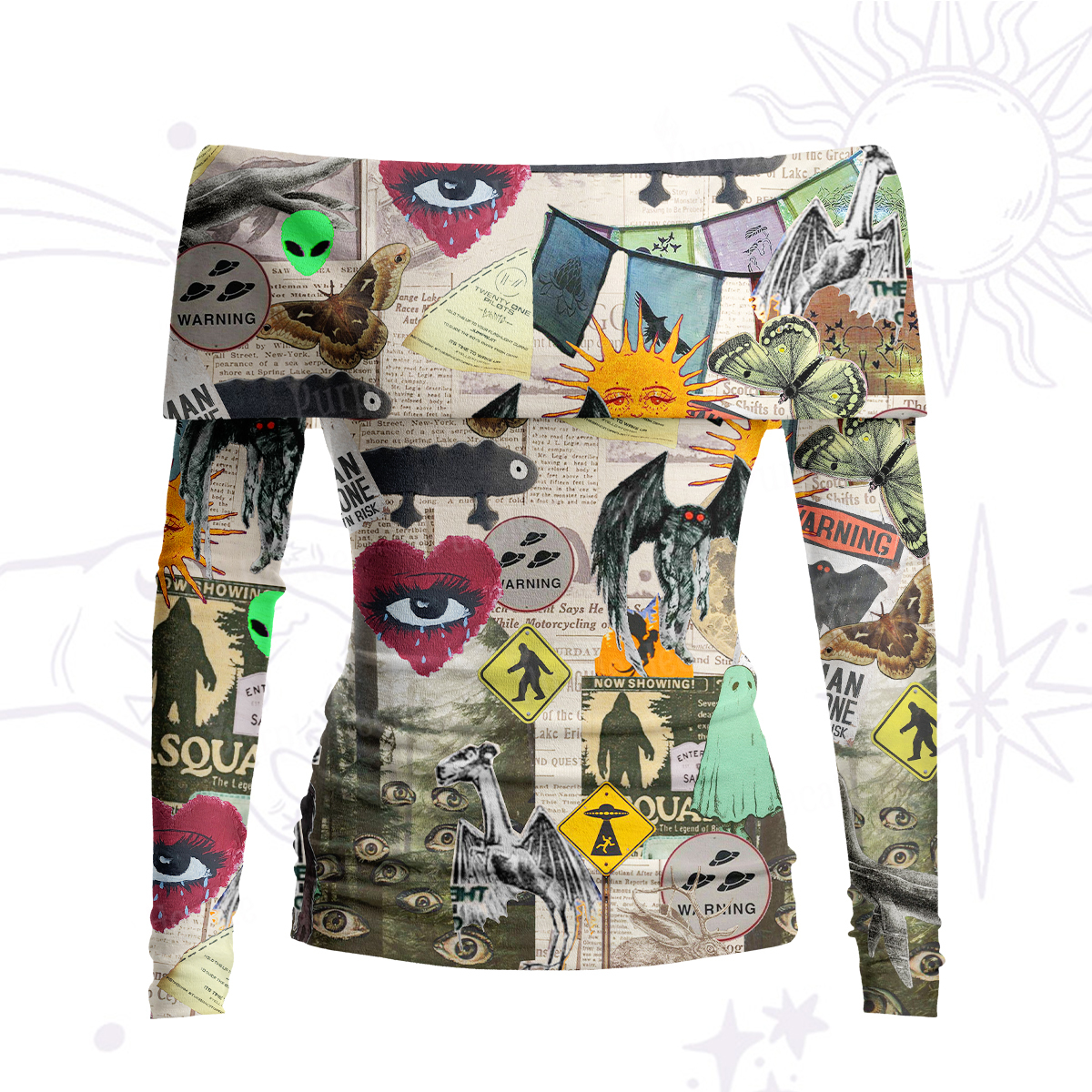 Purplehecate Cryptid Warning Collage Off Shoulder Long Sleeve Knit Top