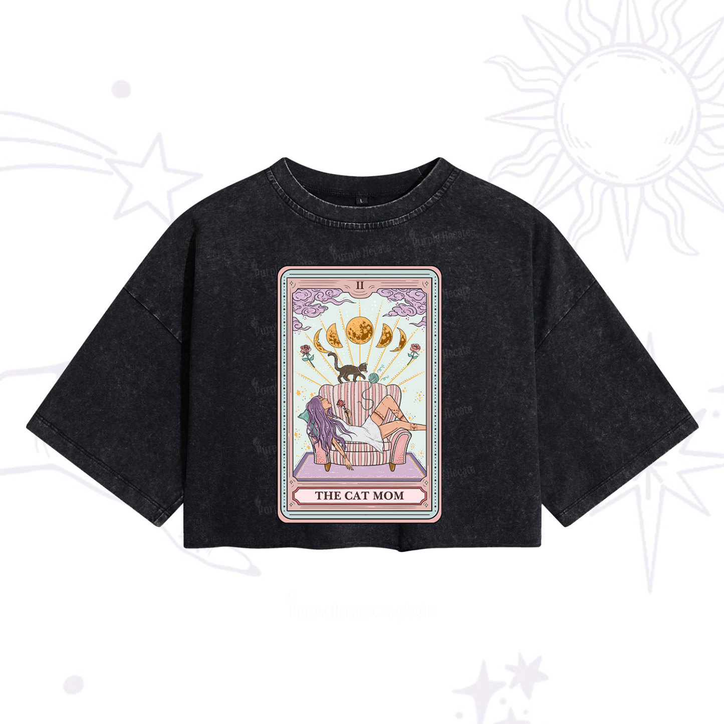 Purplehecate The Cat Mom Tarot Washed Cropped T-Shirt