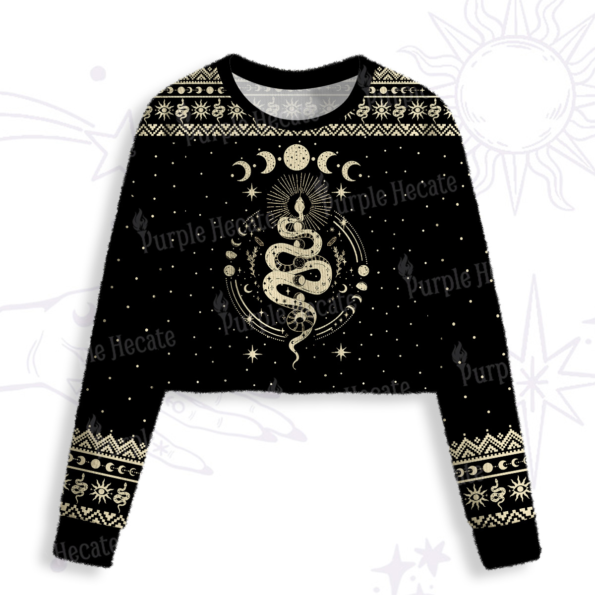 Purplehecate Snake And Moon Phase Comfort Crop Fuzzy Ugly Sweatshirt