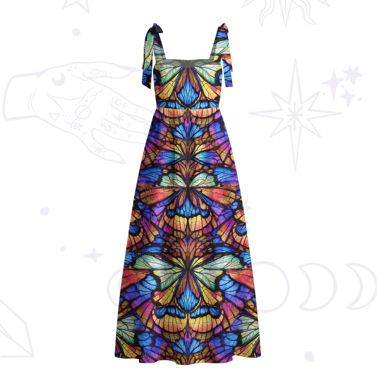 Purplehecate Colorful Butterfly Wing Pattern Tie Shoulder Maxi Dress