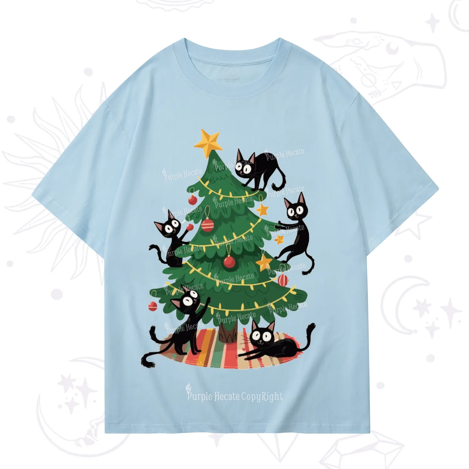 Purplehecate Black Cat in Tree Christmas T-Shirt