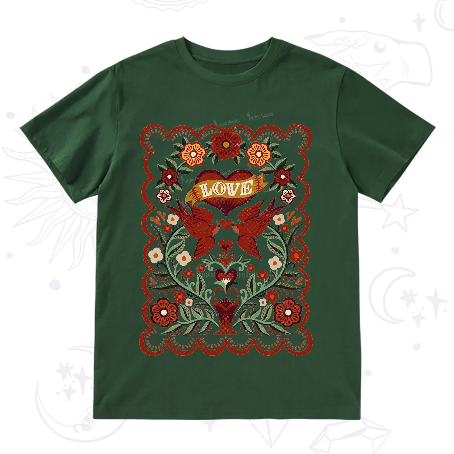 Purplehecate Folk Love Birds Floral T-Shirt