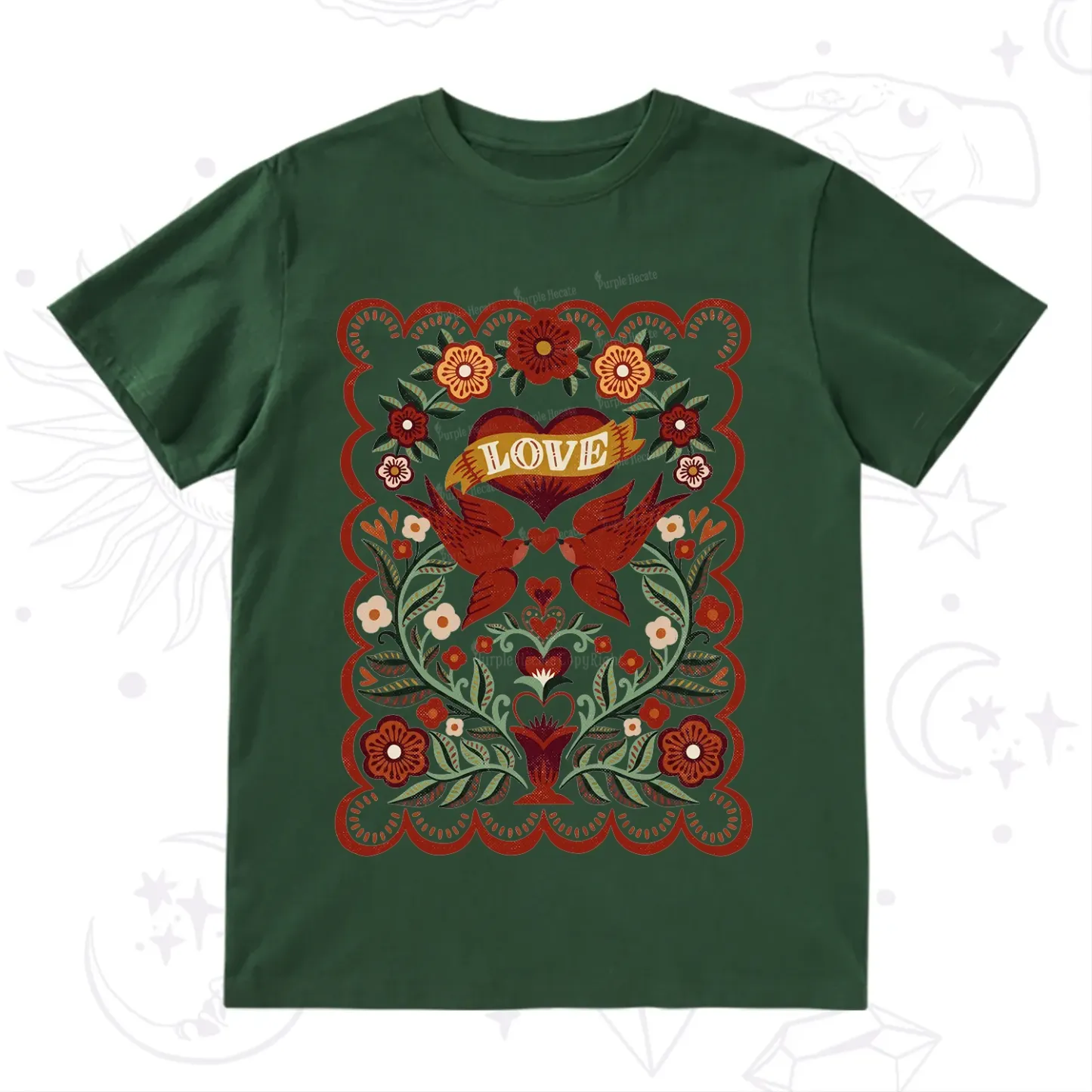 Purplehecate Folk Love Birds Floral T-Shirt