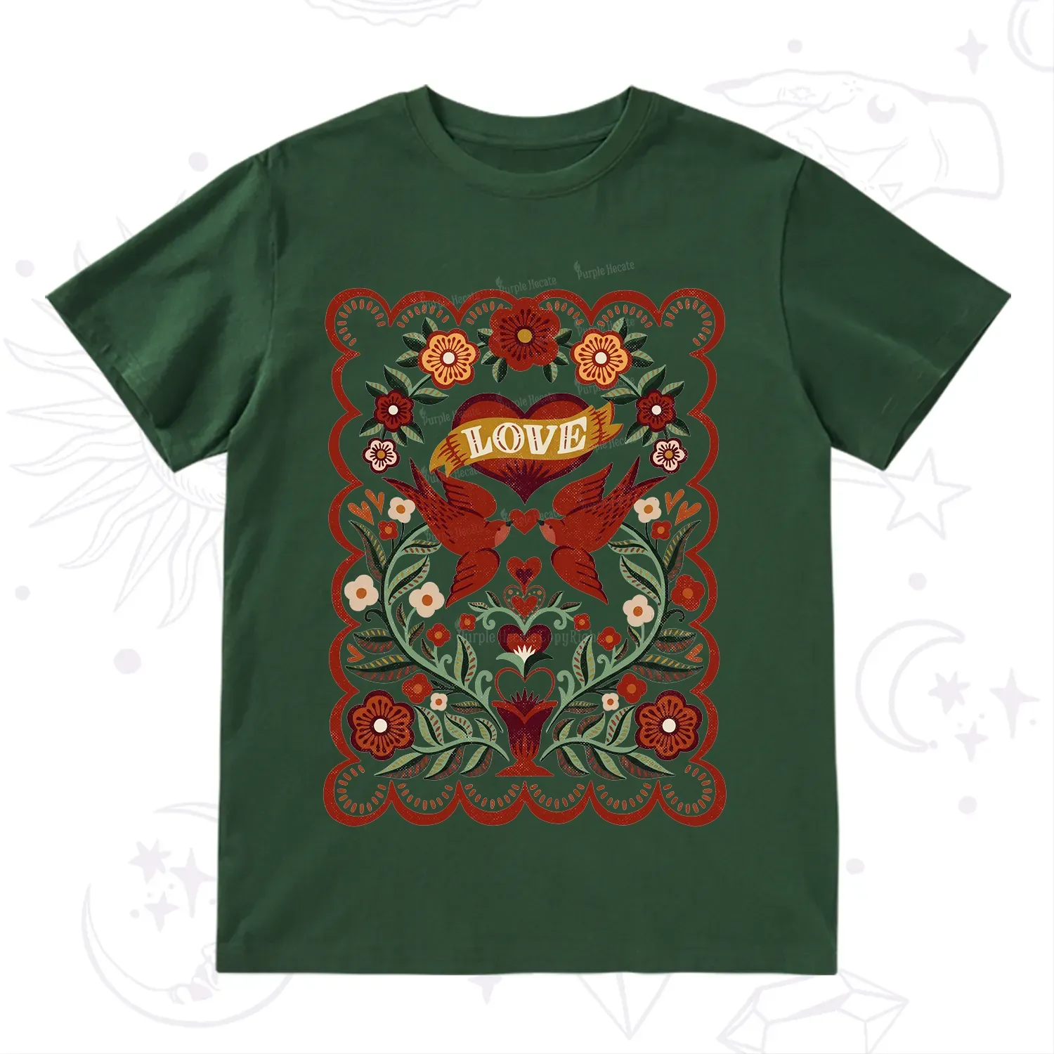 Purplehecate Folk Love Birds Floral T-Shirt