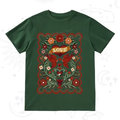 Purplehecate Folk Love Birds Floral T-Shirt