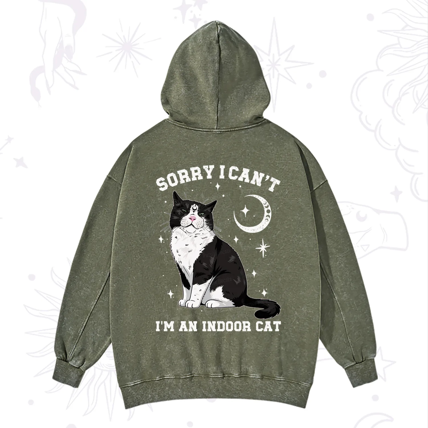 Purplehecate Sorry I Can't Go I'm an Indoor Cat Washed Hoodie
