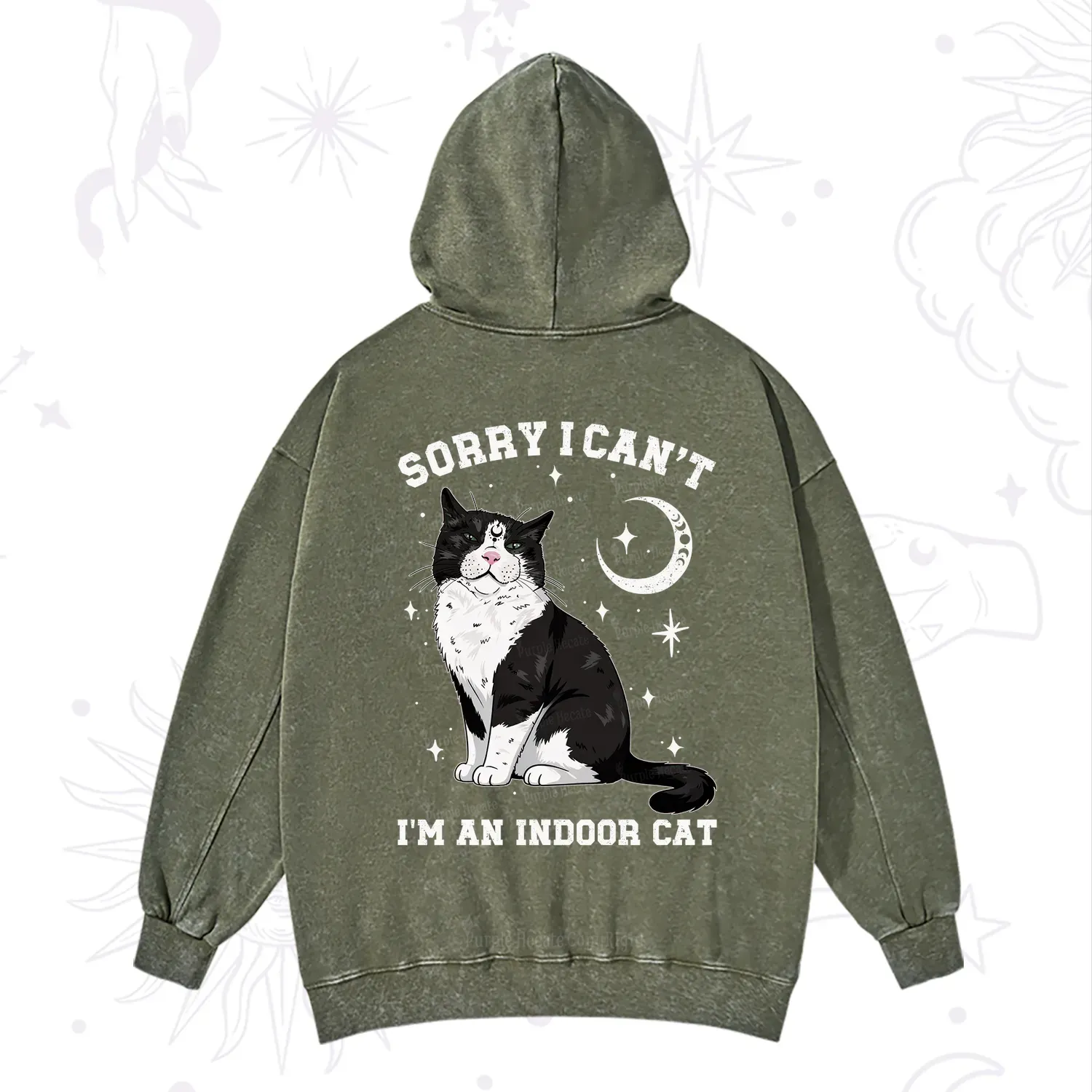 Purplehecate Sorry I Can't Go I'm an Indoor Cat Washed Hoodie