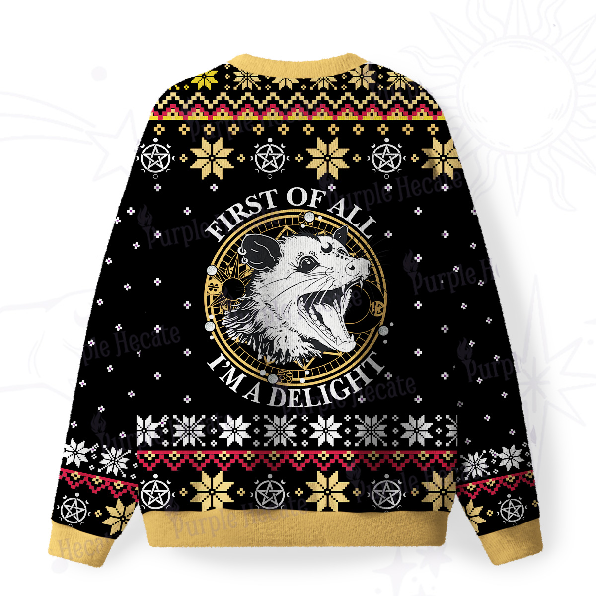 Purplehecate First Of All I'm A Delightful Opossum Fuzzy Ugly Christmas Sweatshirt
