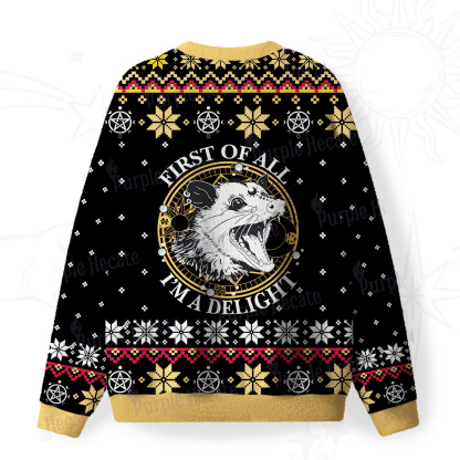 Purplehecate First Of All I'm A Delightful Opossum Fuzzy Ugly Christmas Sweatshirt