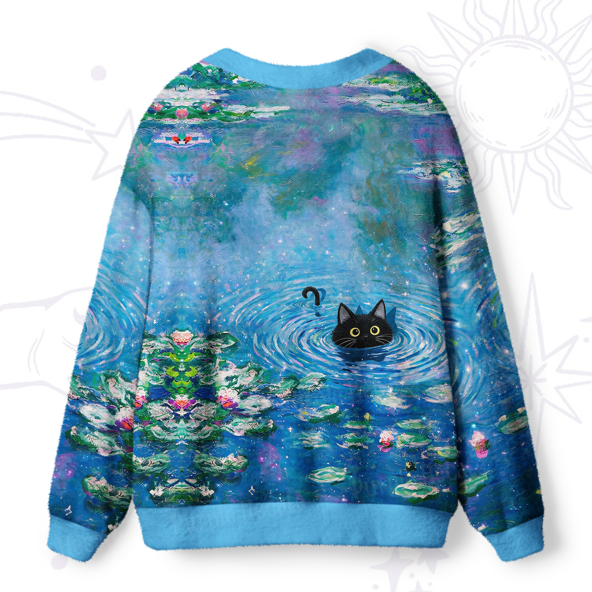 Purplehecate Black Cat in the Water Lilies Ugly Cardigan Sweaters