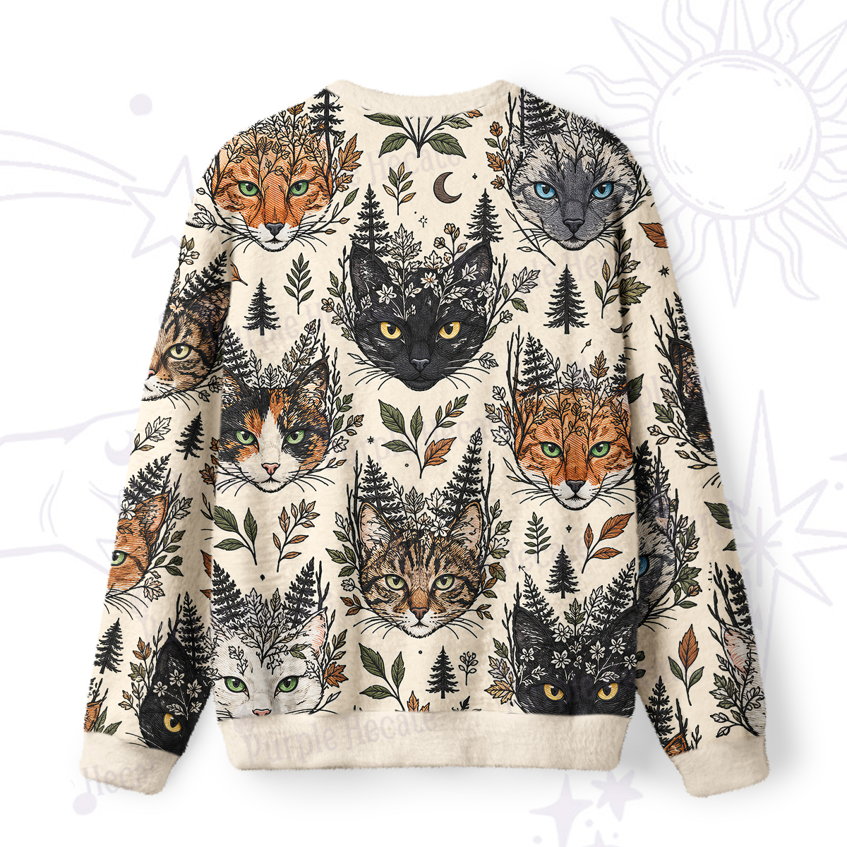 Purplehecate Enchanted Forest Cat Faces Fuzzy Ugly Sweatshirt