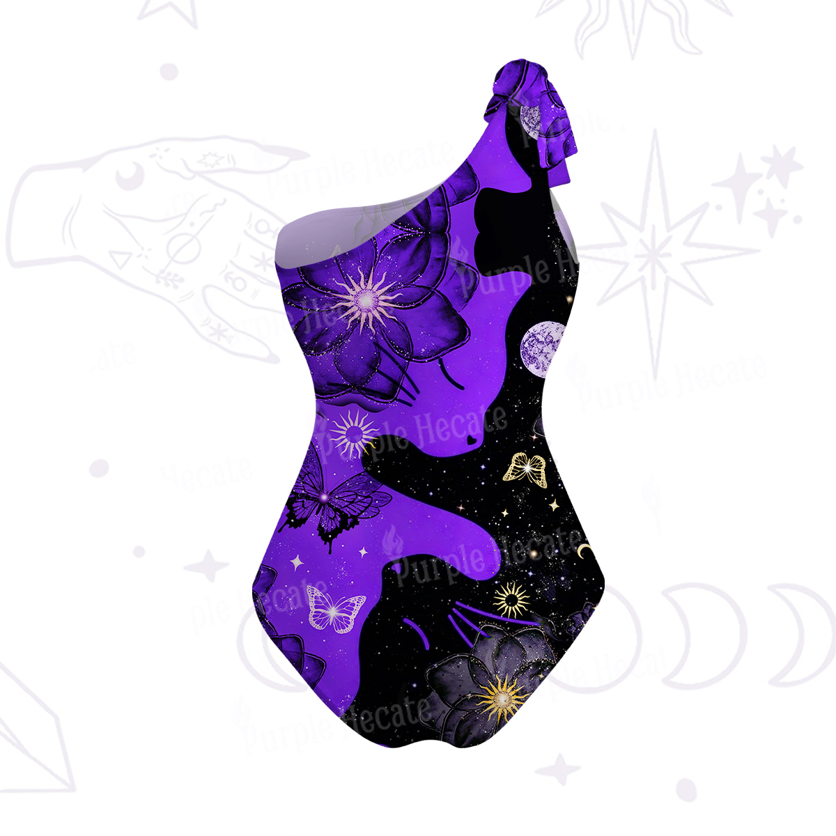 Purplehecate Starlit Cats & Butterflies One-Shoulder One-Piece Swimsuit