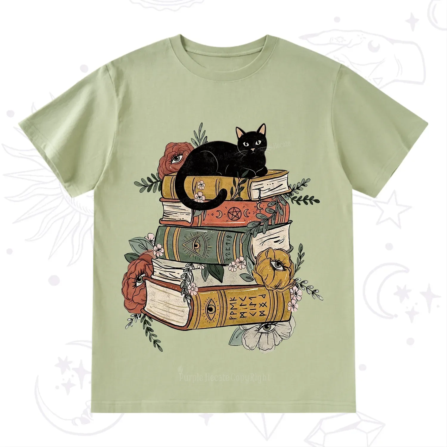 Purplehecate Black Cat on Books T-Shirt