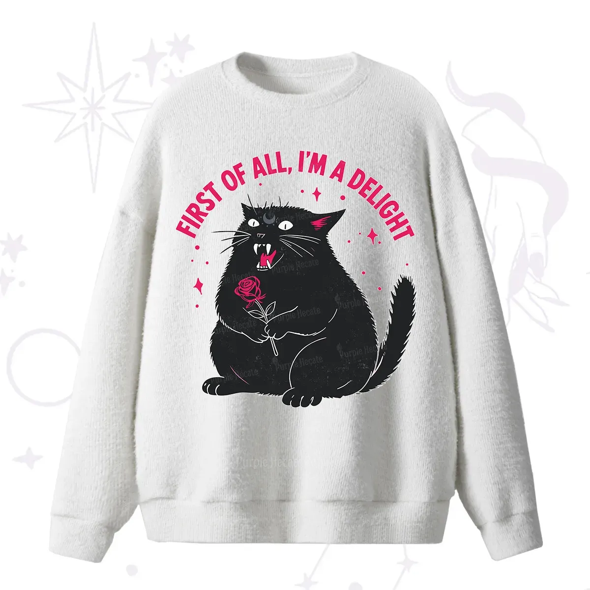 Purplehecate First Of All I'm A Delight Cat Fuzzy Ugly Sweater