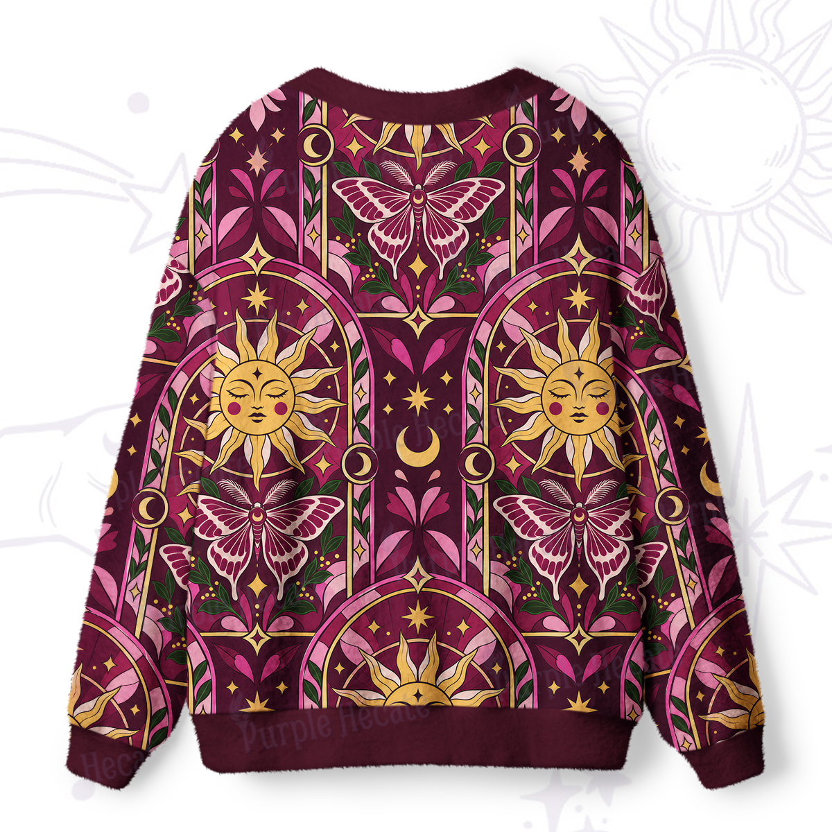 Purplehecate Celestial Sun and Luna Moth Pattern Ugly Cardigan Sweaters