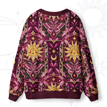 Purplehecate Celestial Sun and Luna Moth Pattern Ugly Cardigan Sweaters