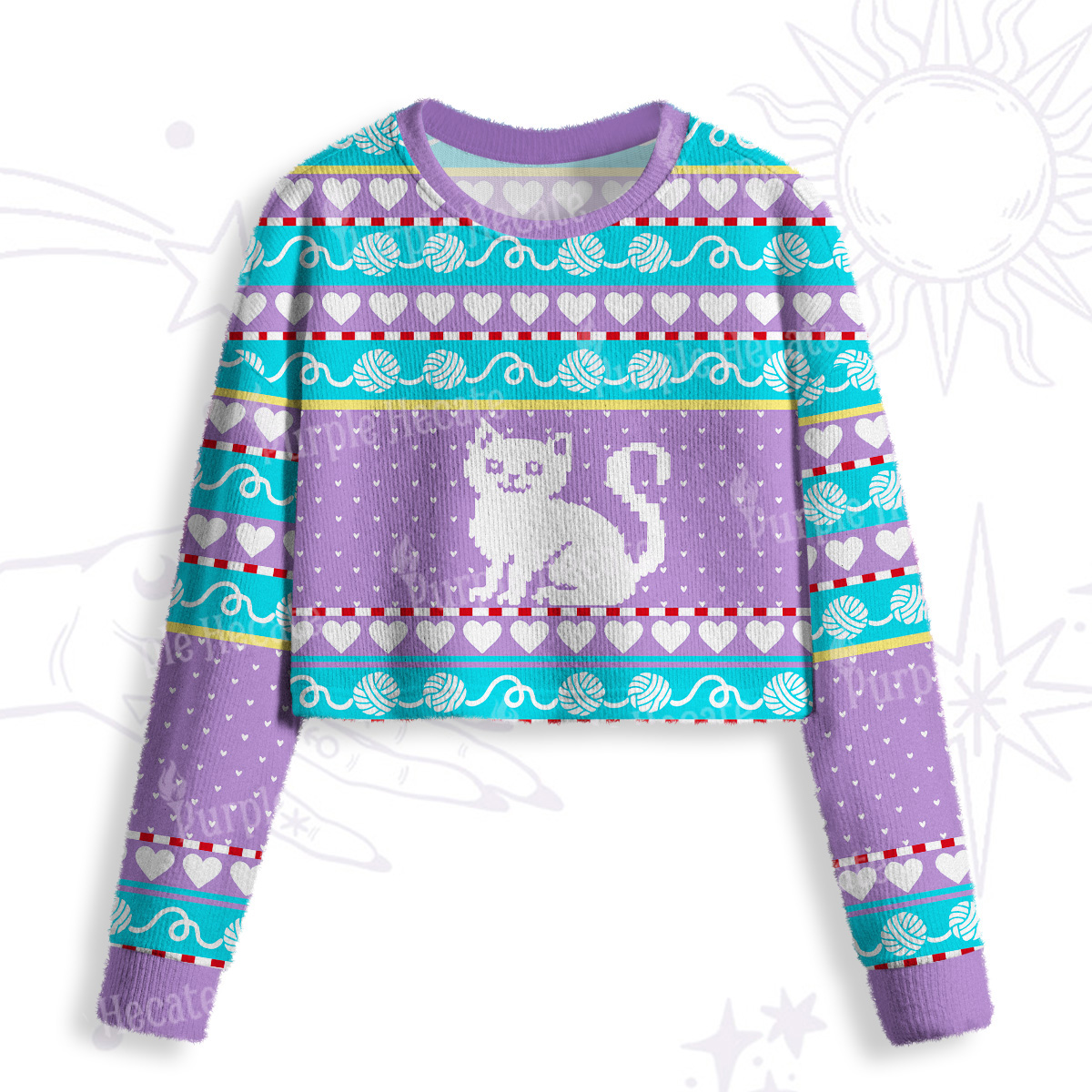 Purplehecate Whimsical Cat and Yarn Crop Fuzzy Ugly Sweatshirt