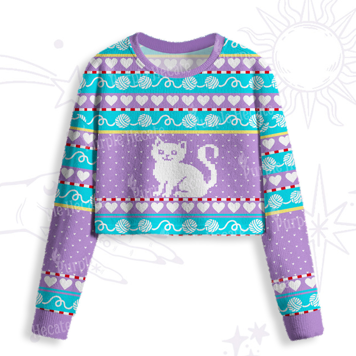 Purplehecate Whimsical Cat and Yarn Crop Fuzzy Ugly Sweatshirt