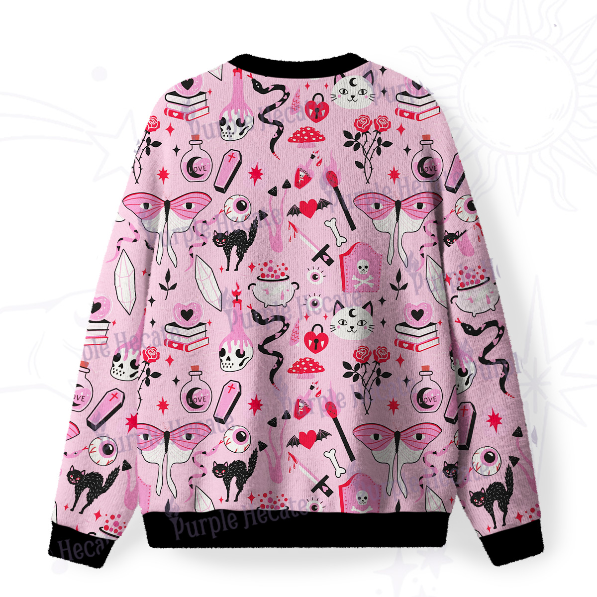 Purplehecate Black Cat Witchy Pink Fuzzy Ugly Sweatshirt