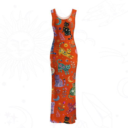 Purplehecate Rainbow Magic Cats Mesh Maxi Tank Beach Dress