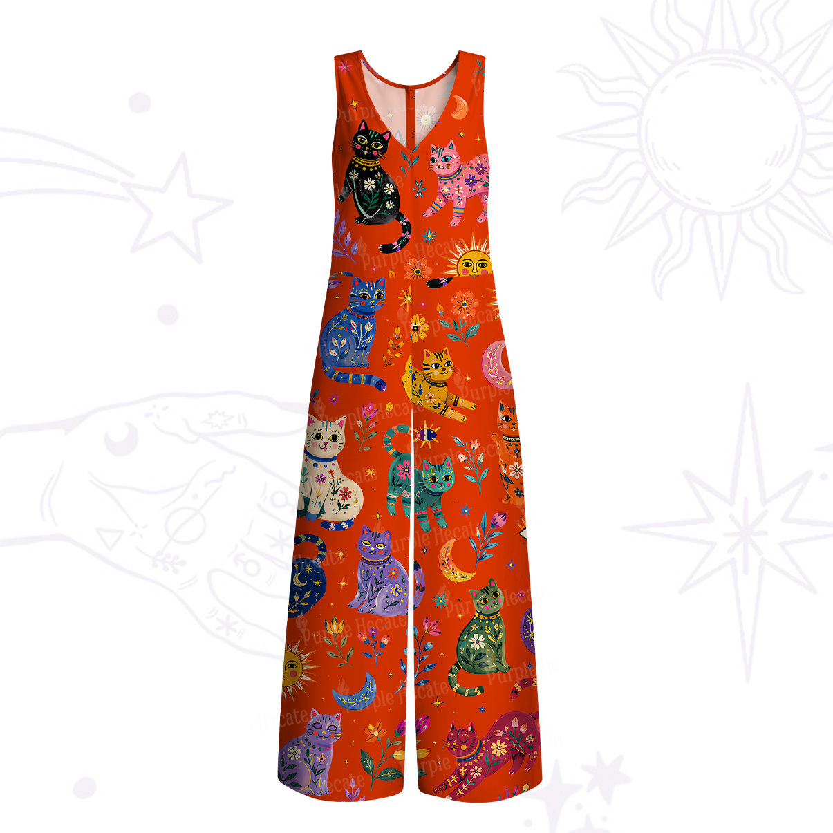 Purplehecate Rainbow Magic Cats Wide Leg Jumpsuit