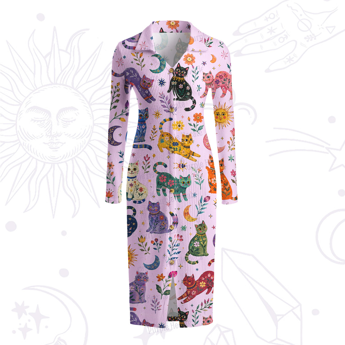 Purplehecate Rainbow Magic Cats Ribbed Knit Dress