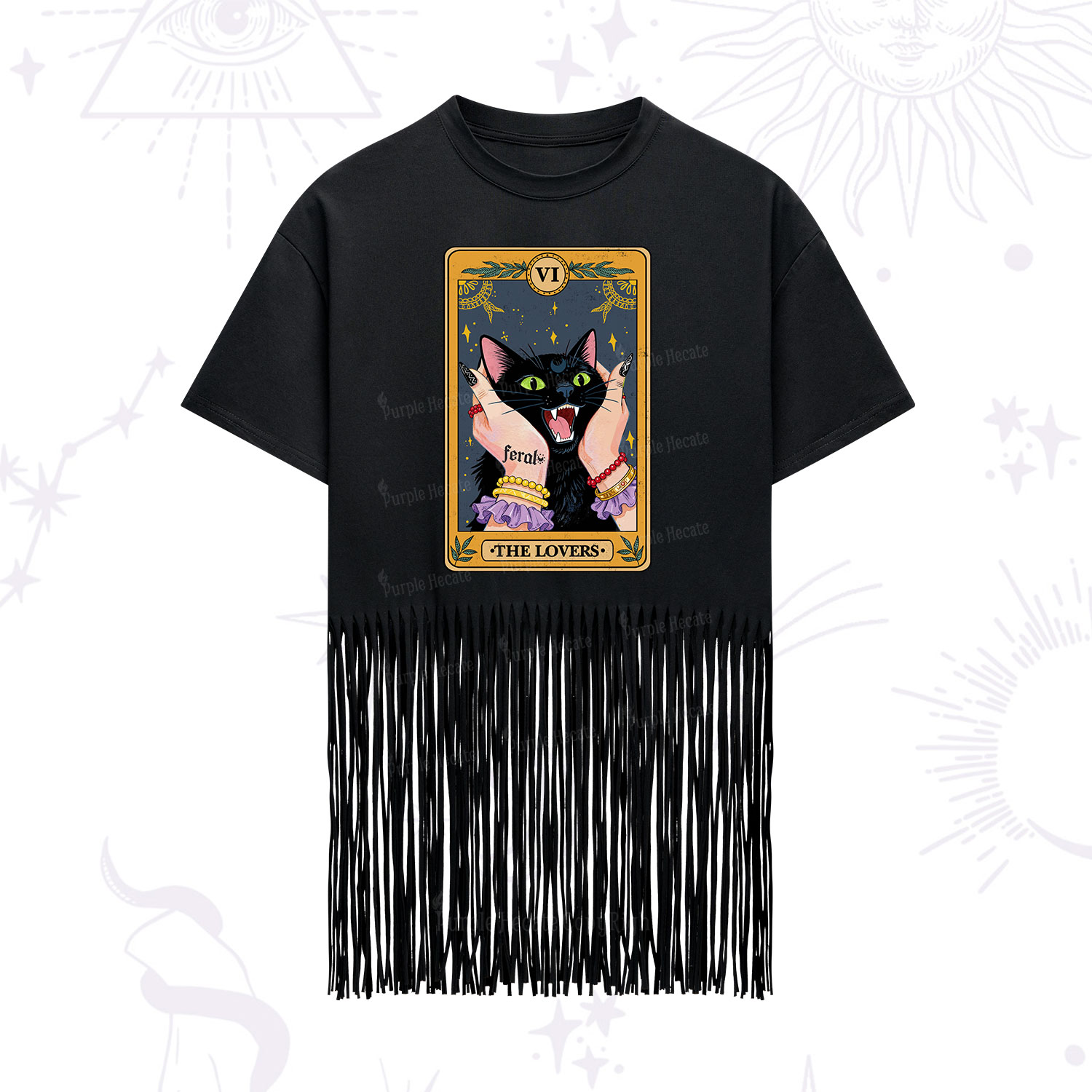 Purplehecate The Lovers Tarot Feral Cat Fringe Hem T-Shirt