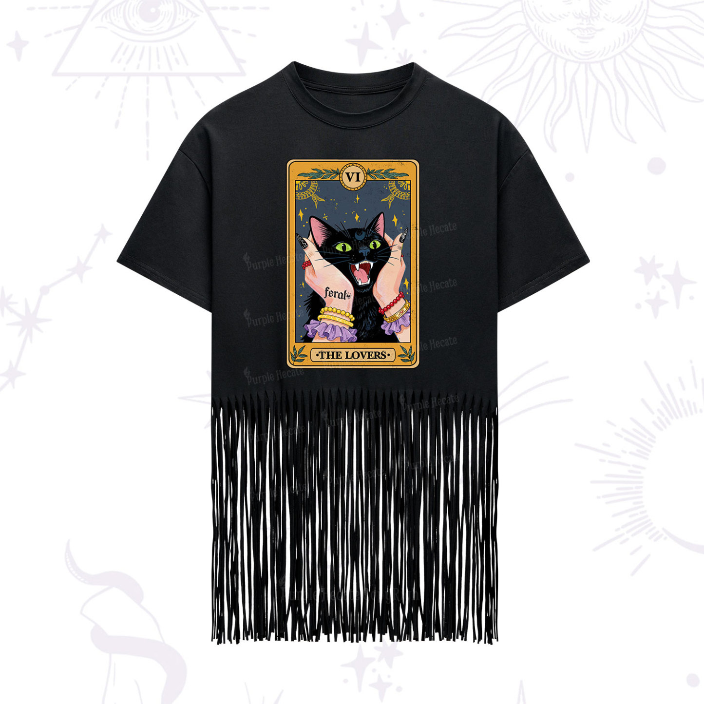 Purplehecate The Lovers Tarot Feral Cat Fringe Hem T-Shirt