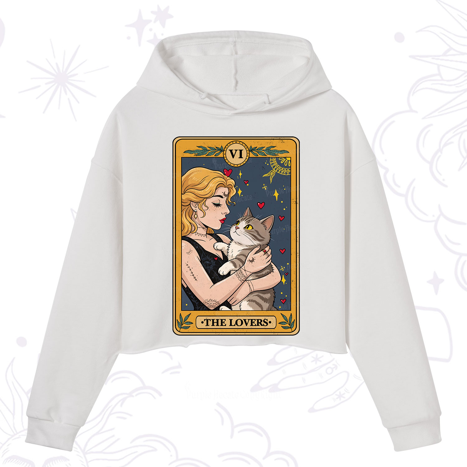 Purplehecate The Lovers Tarot for Cat Lovers Crop Hoodie