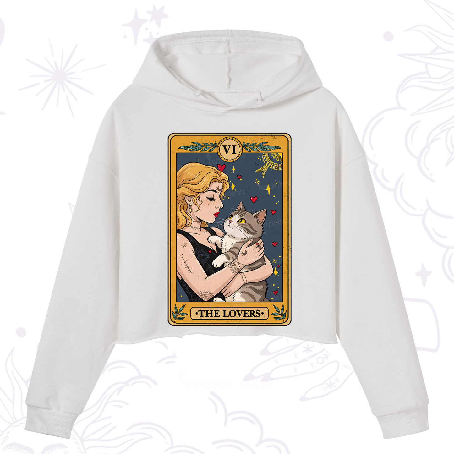 Purplehecate The Lovers Tarot for Cat Lovers Crop Hoodie